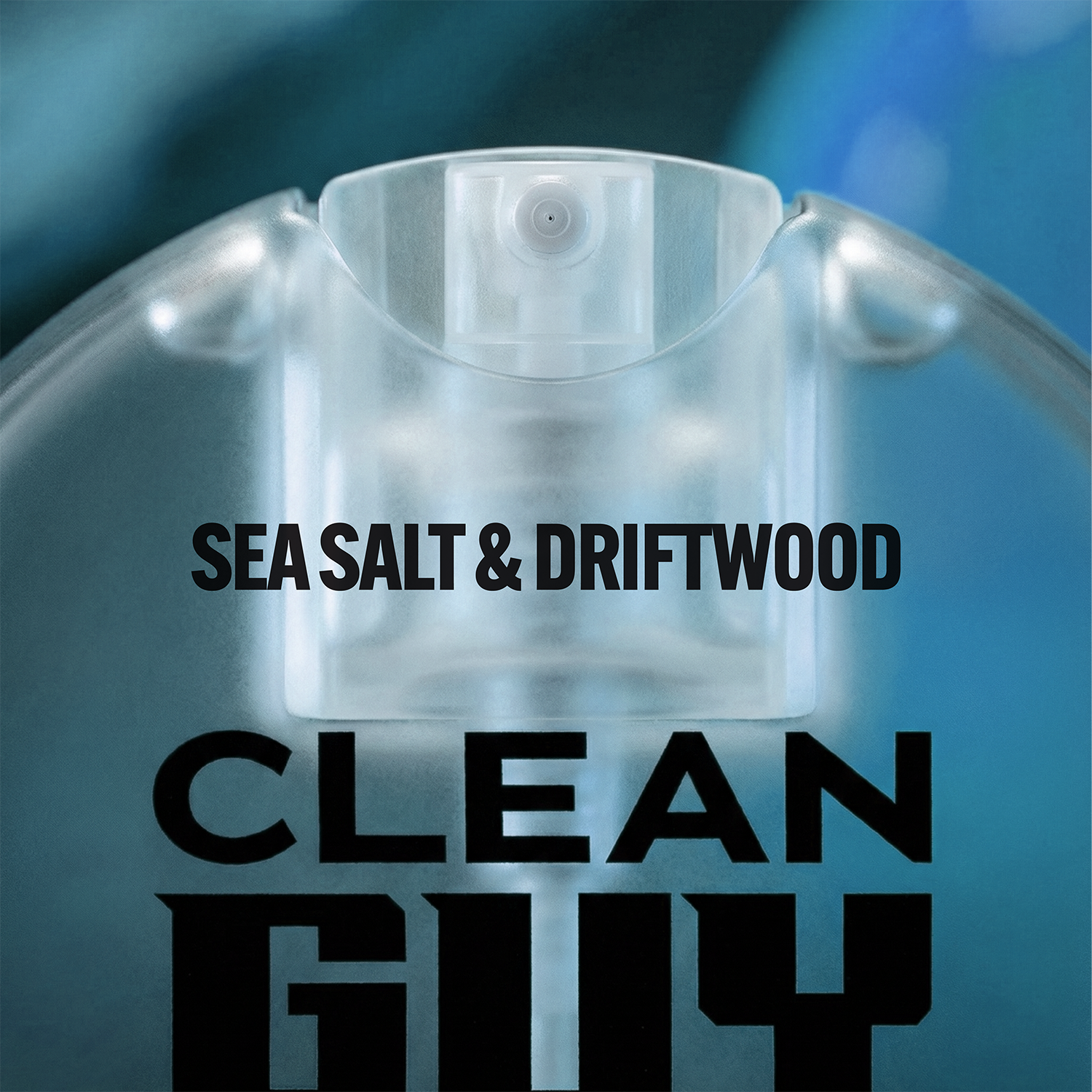 Clear plastic container with 'Sea Salt & Driftwood' and 'Clean Guy' text on a blue gradient background