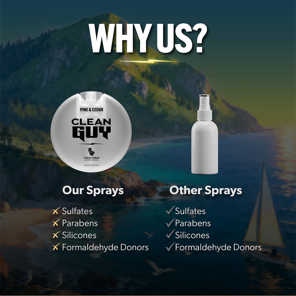 Advertisement for 'Clean Guy' sprays with a scenic background