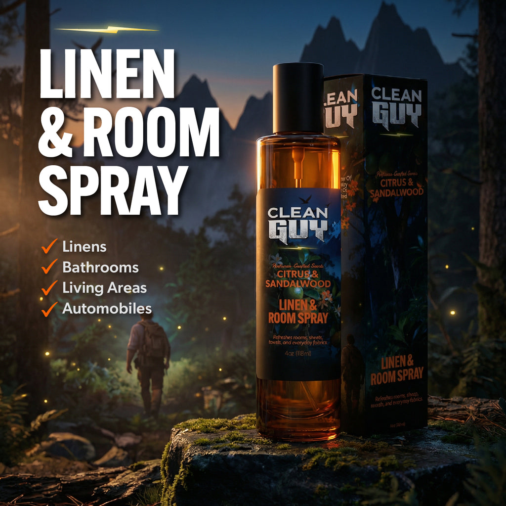 Clean Guy linen and room spray bottle with packaging on a scenic background