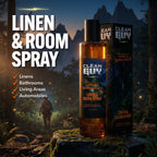 Clean Guy linen and room spray bottle with packaging on a scenic background