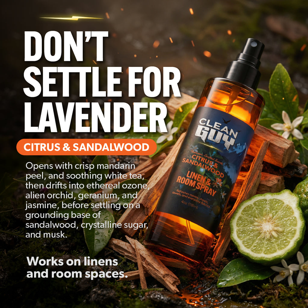 Bottle of Clean Guy Citrus & Sandalwood linen and room spray with text and natural elements.