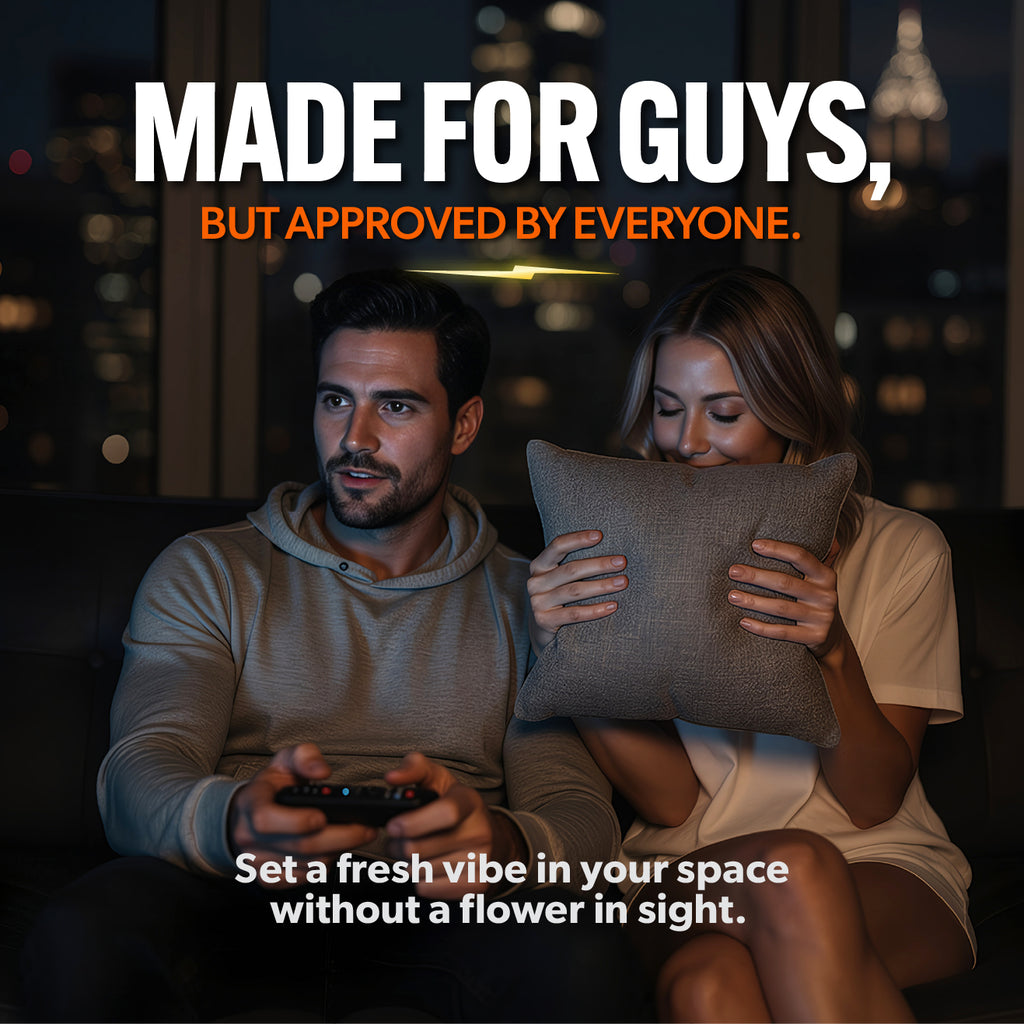 Man and woman sitting on a couch with a pillow, text overlay about product appeal.