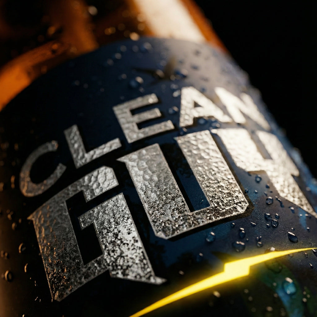 Close-up of a bottle with 'Clean Gut' label on a dark background