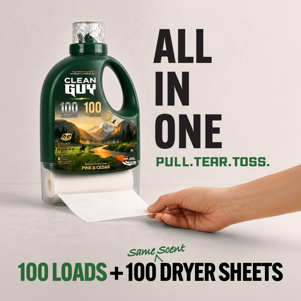 Heavy Duty Premium Laundry Detergent + Built-In Dryer Sheets (100 Loads) - PINE & CEDAR - Clean Guy