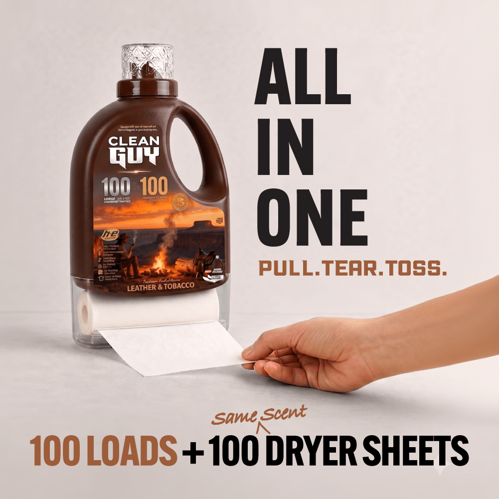 Heavy Duty Premium Laundry Detergent + Built-In Dryer Sheets (100 Loads) - LEATHER & TOBACCO - Clean Guy
