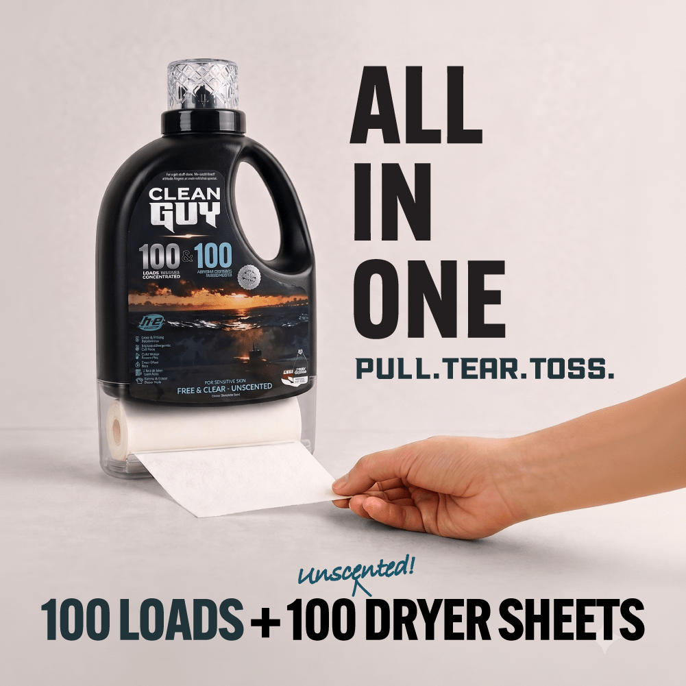 Heavy Duty Premium Laundry Detergent + Built-In Dryer Sheets (100 Loads) - FREE & CLEAR - Clean Guy