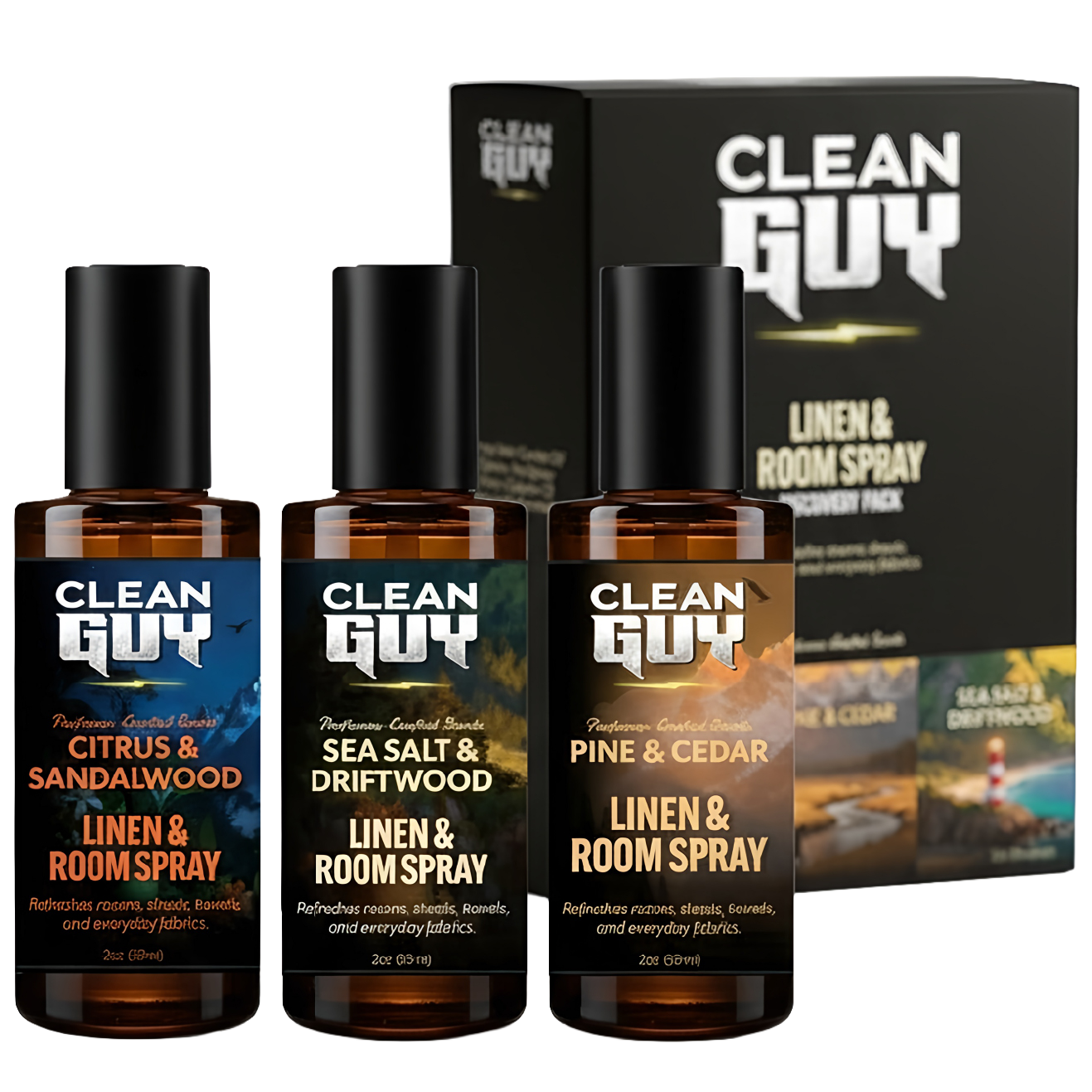 Three bottles of Clean Guy linen and room spray with packaging in the background.