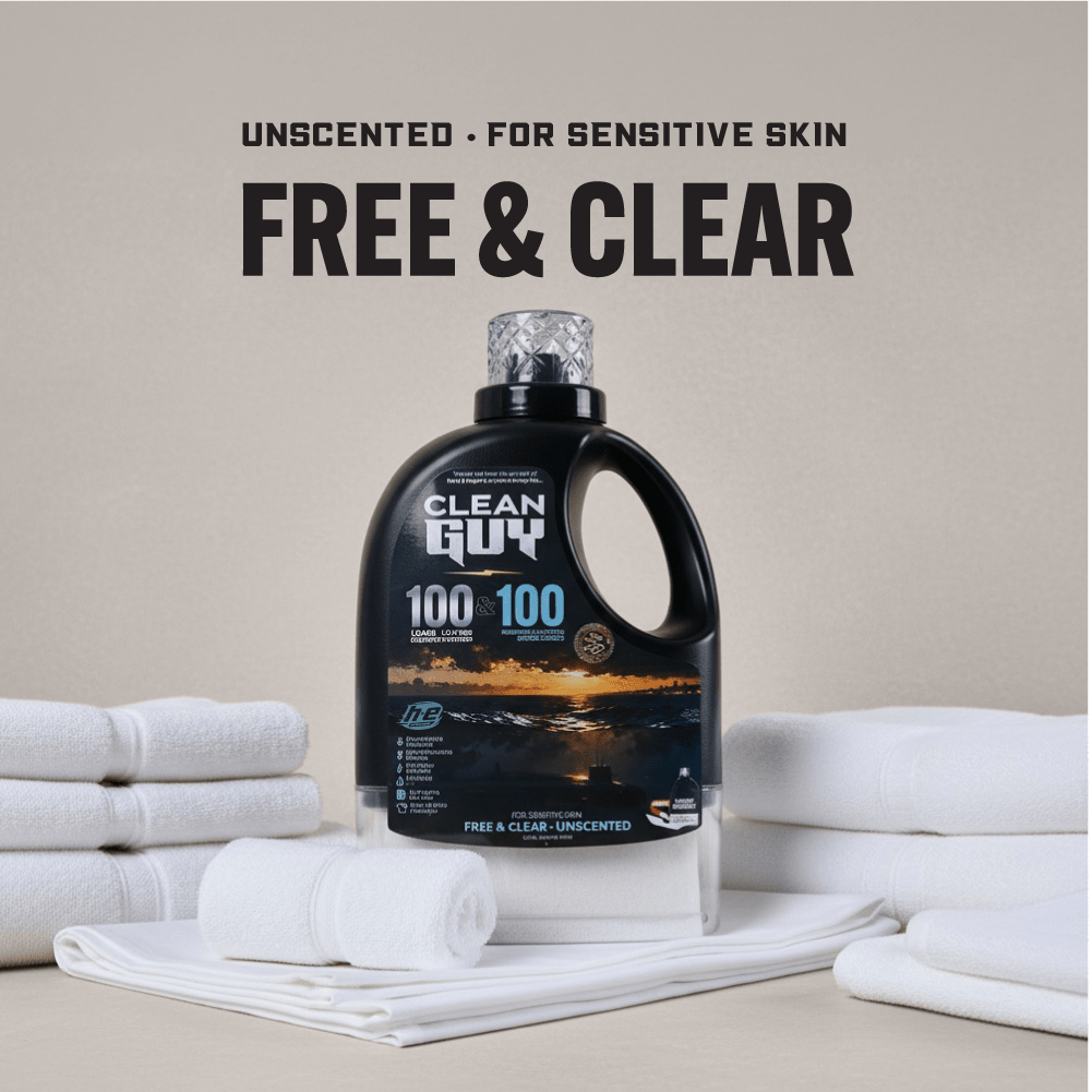 Heavy Duty Premium Laundry Detergent + Built-In Dryer Sheets (100 Loads) - FREE & CLEAR - Clean Guy
