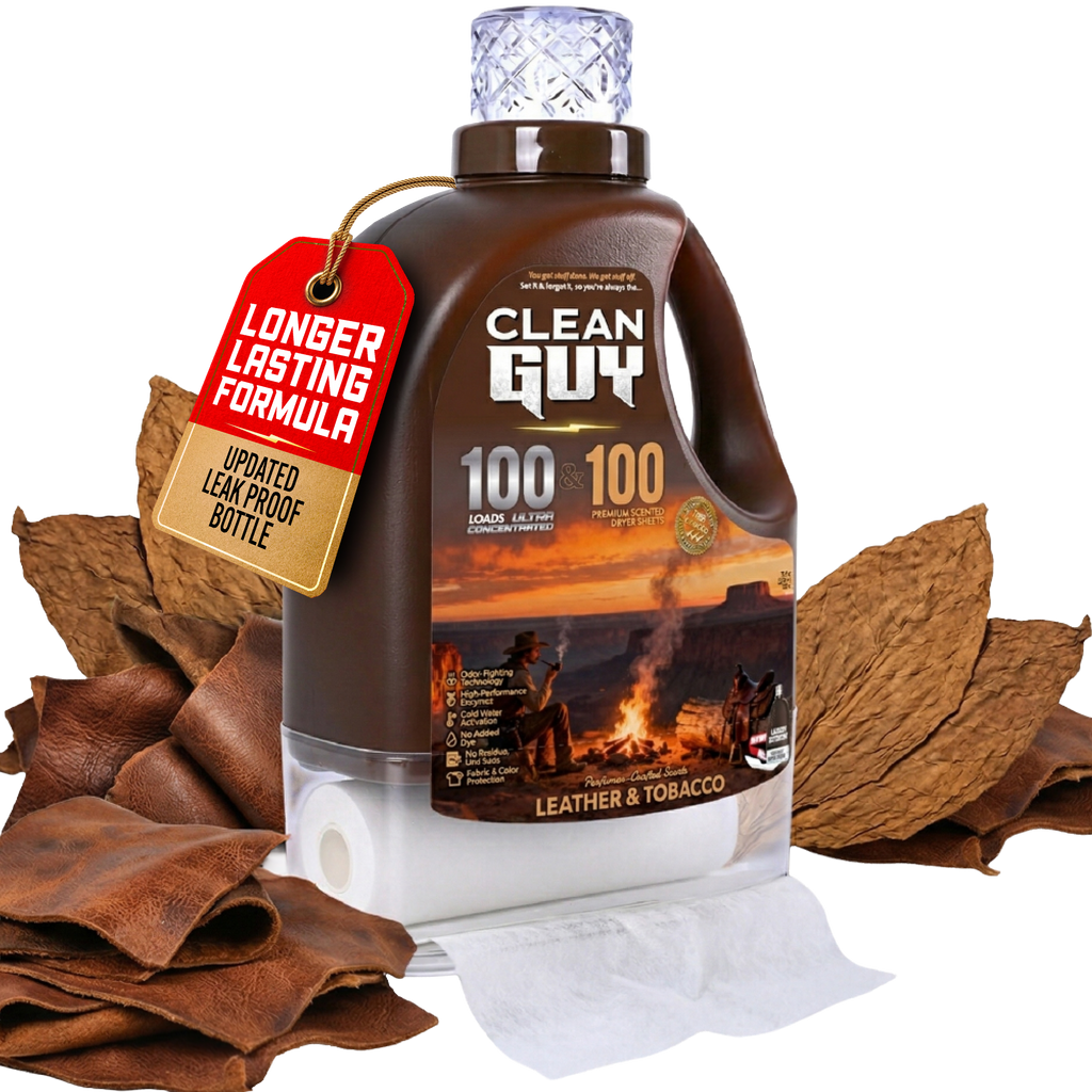 Heavy Duty Premium Laundry Detergent + Built-In Dryer Sheets (100 Loads) -  LEATHER & TOBACC
