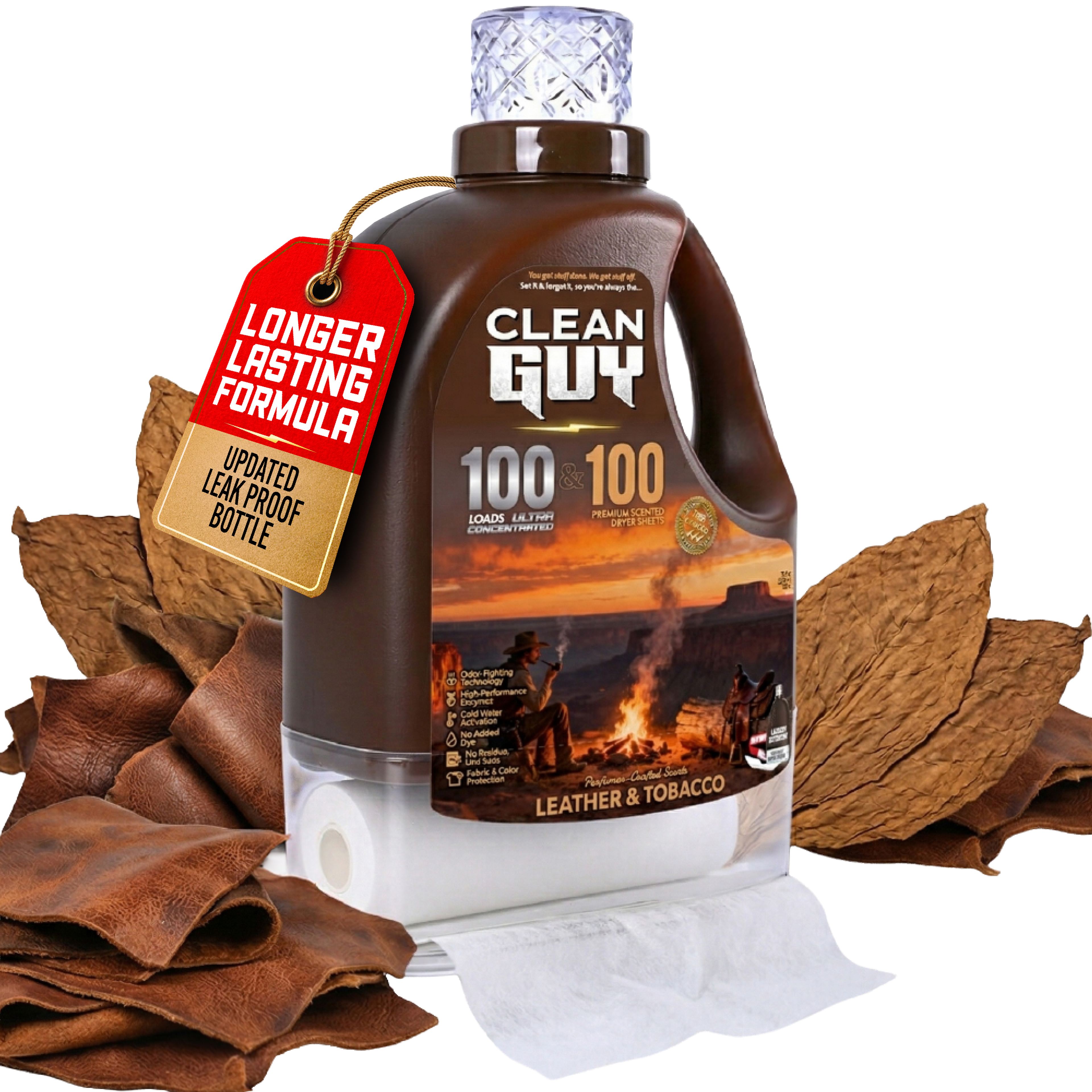 Heavy Duty Premium Laundry Detergent + Built-In Dryer Sheets (100 Loads) -  LEATHER & TOBACC