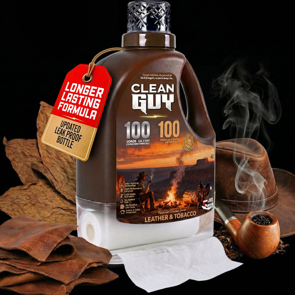 Heavy Duty Premium Laundry Detergent + Built-In Dryer Sheets (100 Loads) - LEATHER & TOBACCO - Clean Guy