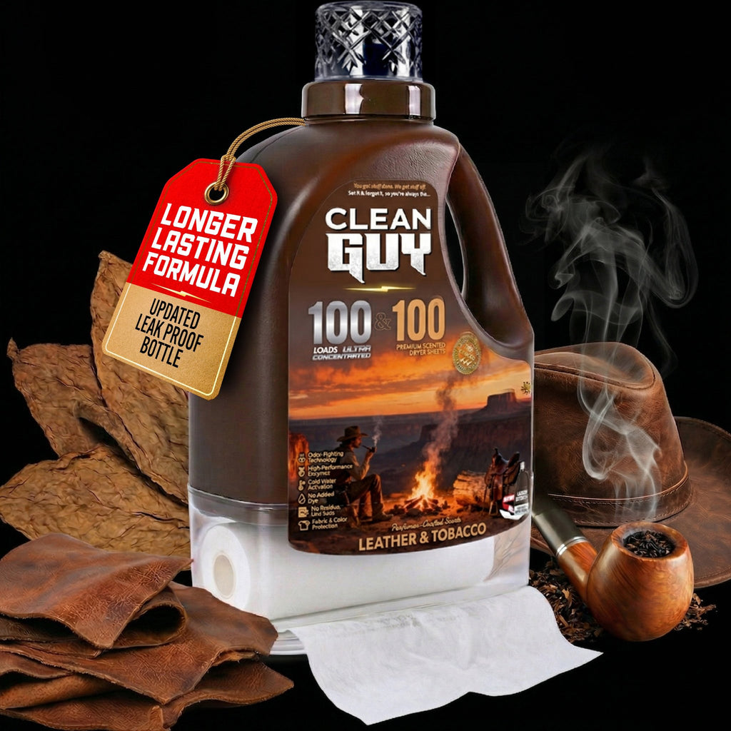 Heavy Duty Premium Laundry Detergent + Built-In Dryer Sheets (100 Loads) - LEATHER & TOBACCO - Clean Guy
