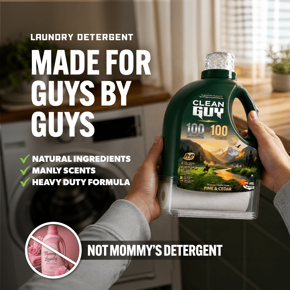 Heavy Duty Premium Laundry Detergent + Built-In Dryer Sheets (100 Loads) - PINE & CEDAR - Clean Guy