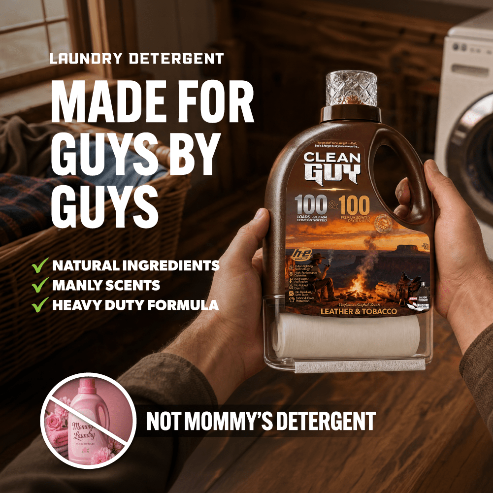 Heavy Duty Premium Laundry Detergent + Built-In Dryer Sheets (100 Loads) - LEATHER & TOBACCO - Clean Guy