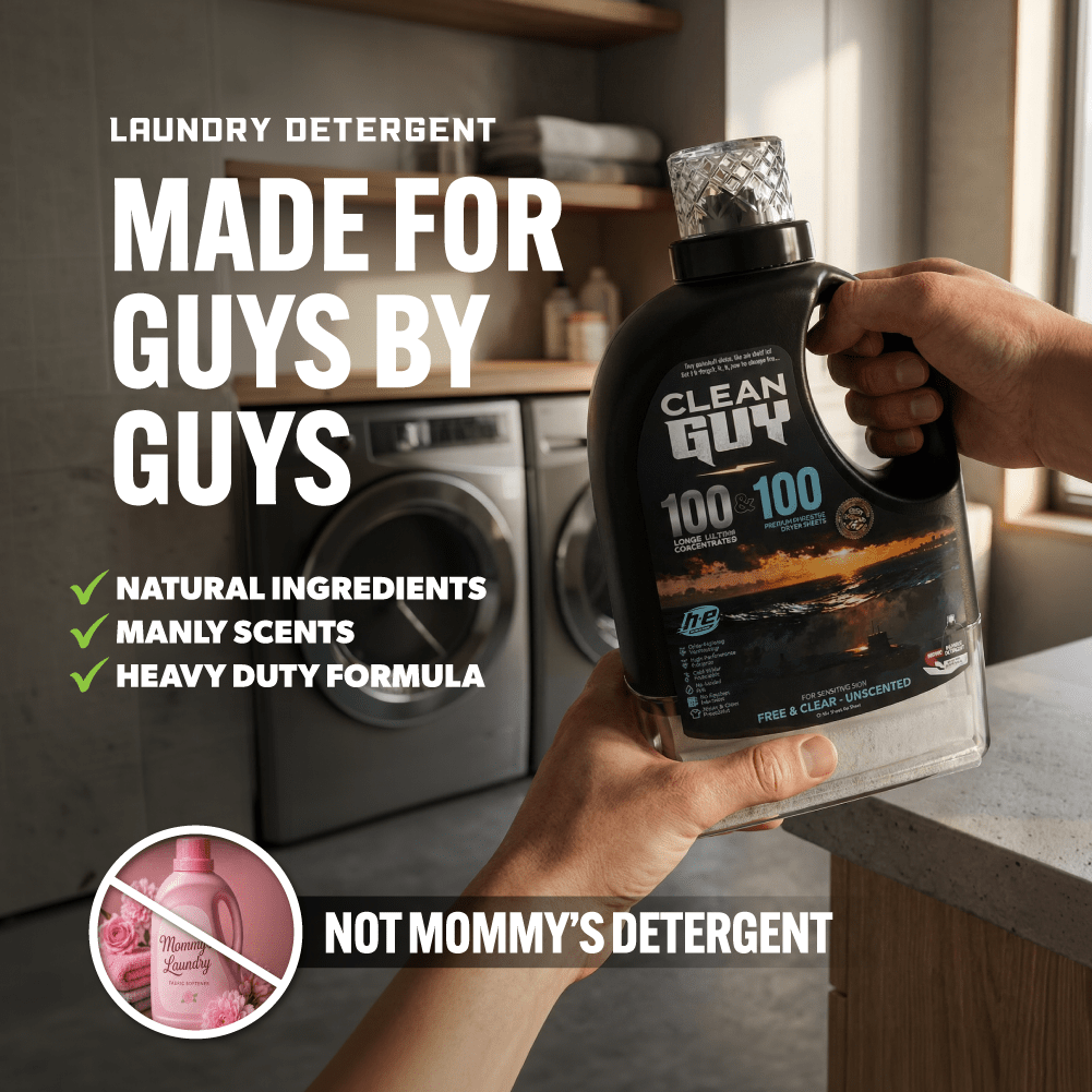 Heavy Duty Premium Laundry Detergent + Built-In Dryer Sheets (100 Loads) - FREE & CLEAR - Clean Guy