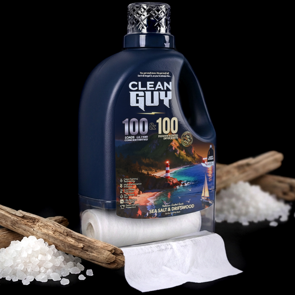 Clean Guy Sea Salt and Driftwood laundry detergent with built-in dryer sheets, 100 loads