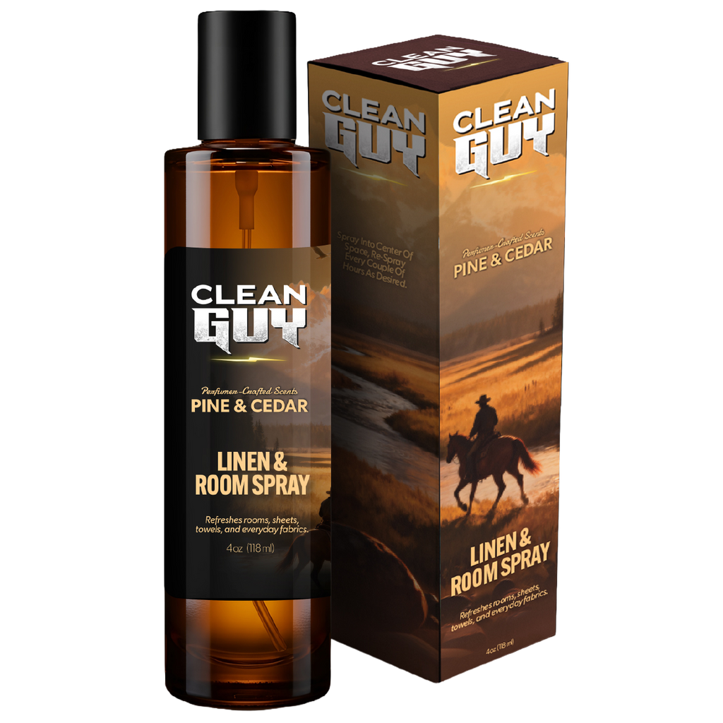 Clean Guy Pine & Cedar linen and room spray with packaging on a white background