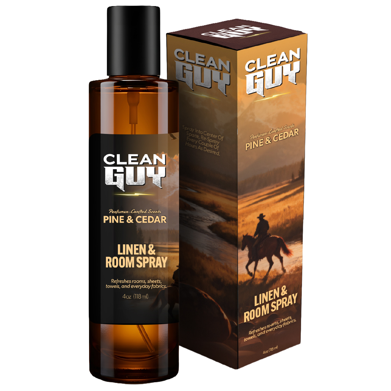 Clean Guy Pine & Cedar linen and room spray with packaging on a white background