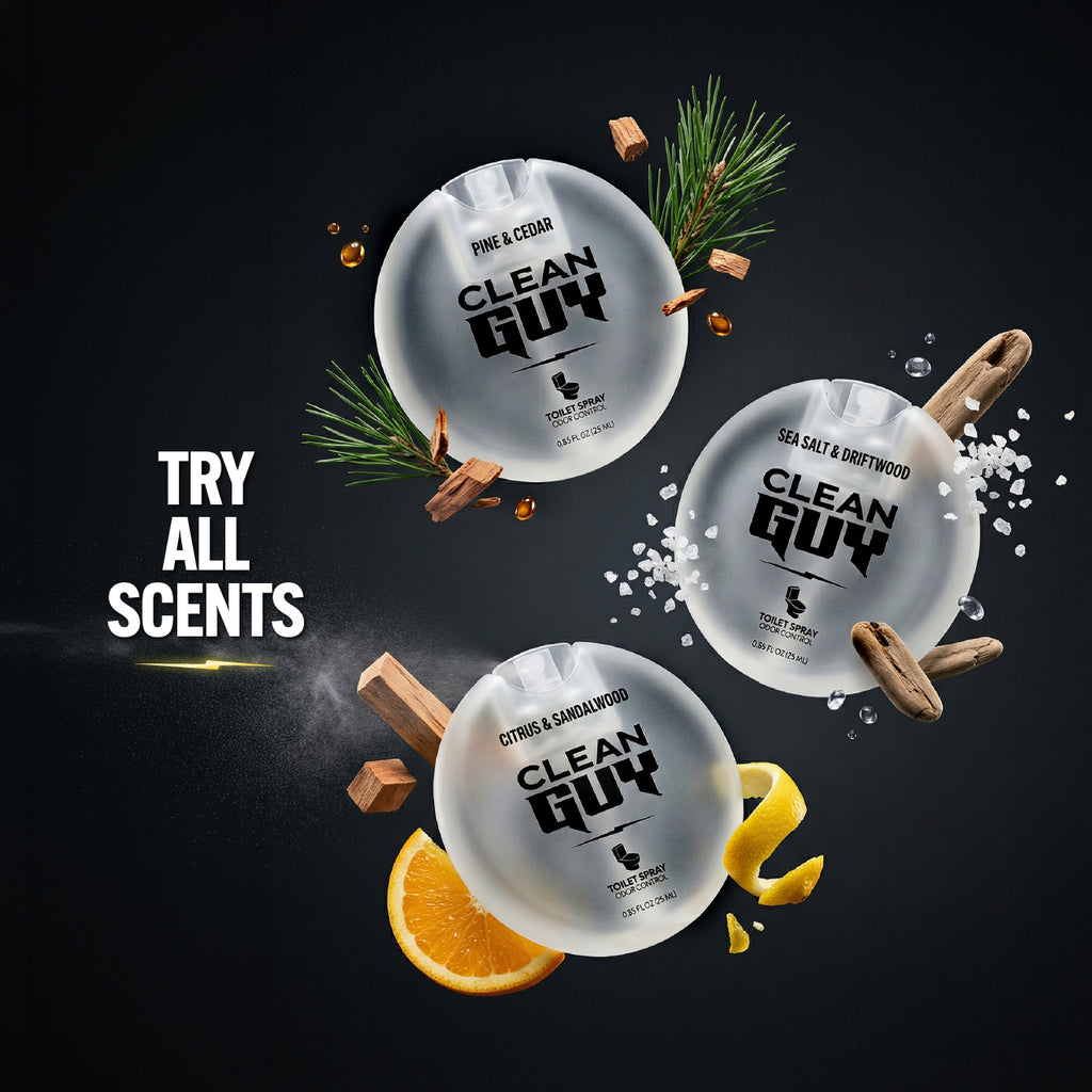 Three 'Clean Guy' product containers with different scents on a dark background