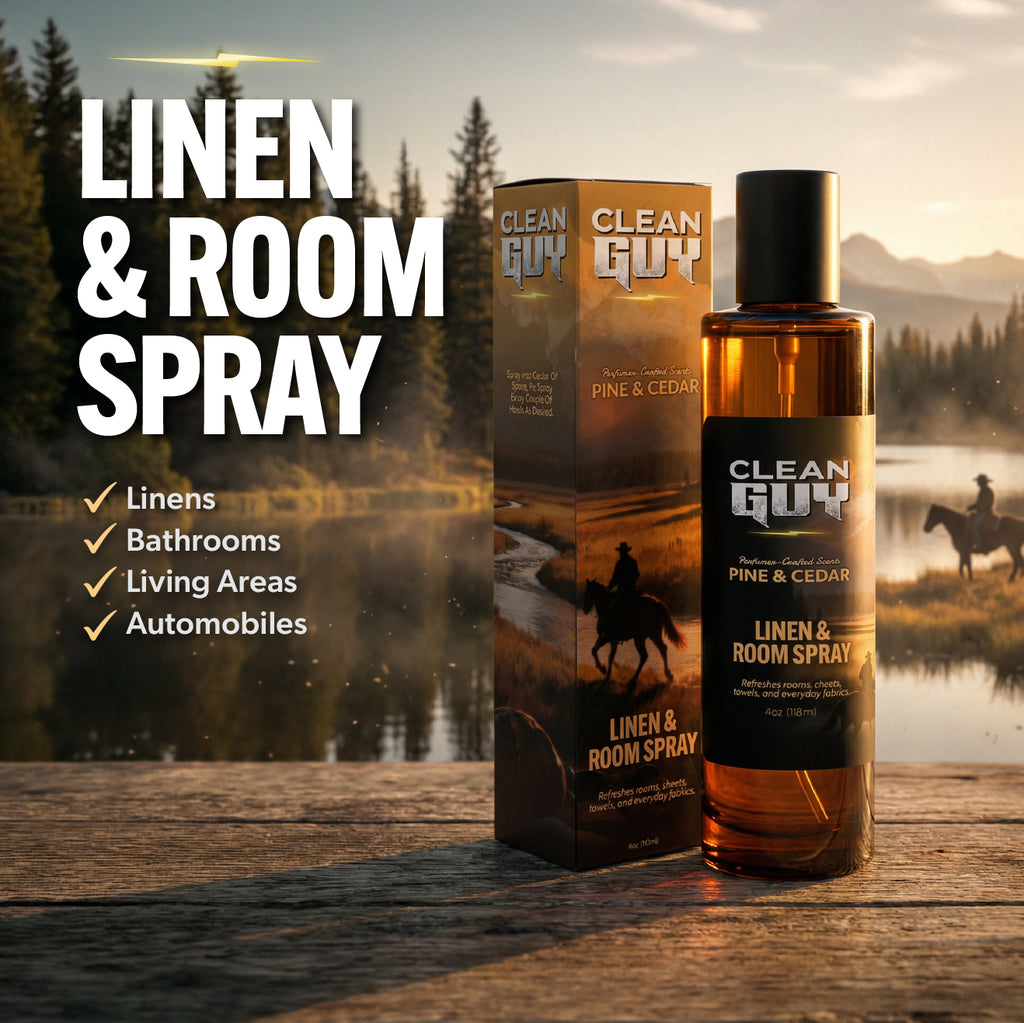 Clean Guy linen and room spray bottle and packaging with scenic background