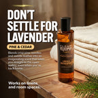 Bottle of Clean Guy Pine & Cedar linen and room spray on a wooden surface with text promoting the product.