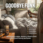 Person using a spray bottle labeled 'Goodbye Funk' in a bedroom.