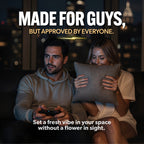 Man and woman sitting on a couch with a pillow, text overlay 'Made for guys, but approved by everyone.'