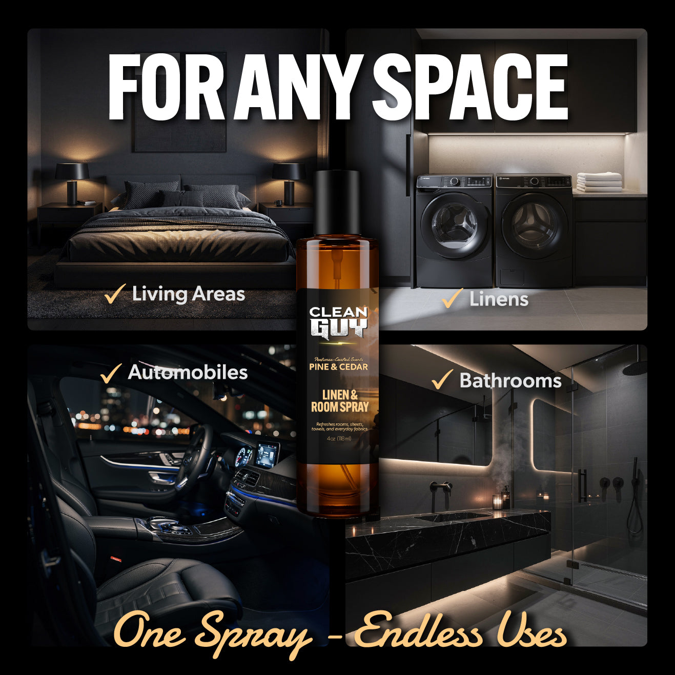 Promotional image of a bottle labeled 'Clean Guy' with various usage scenarios including living areas, linens, automobiles, and bathrooms.