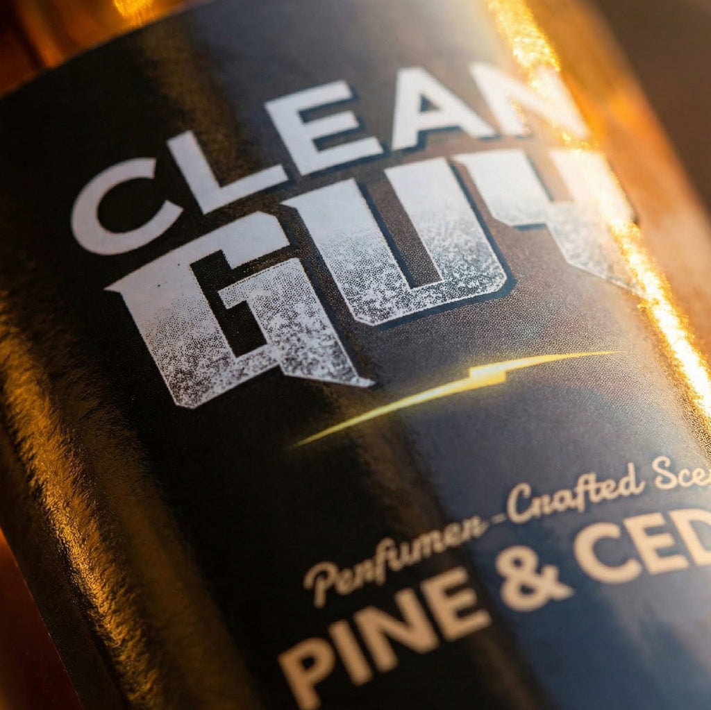 Close-up of a bottle labeled 'Clean Gut' with 'Pine & Cedar' scent.