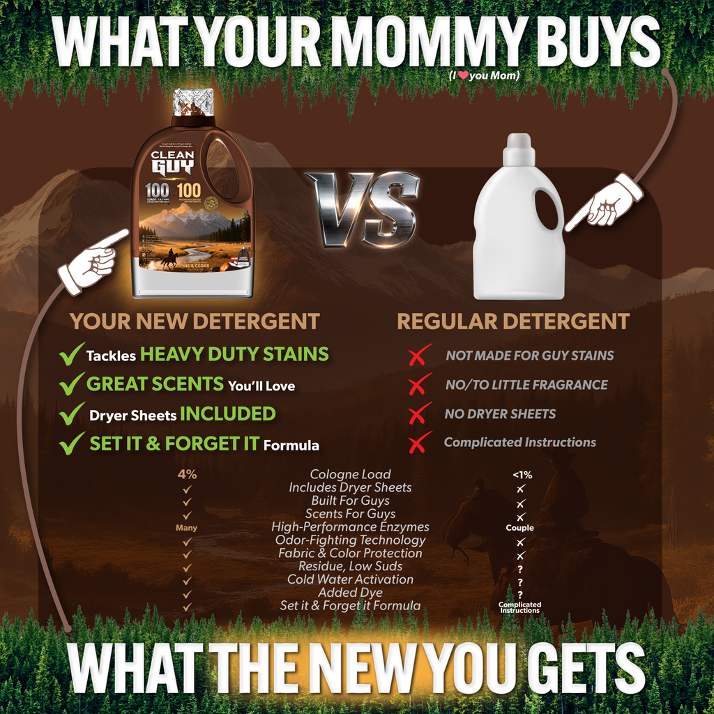 Comparison chart between 'Clean Guy' detergent and regular detergent, with a focus on features and benefits.