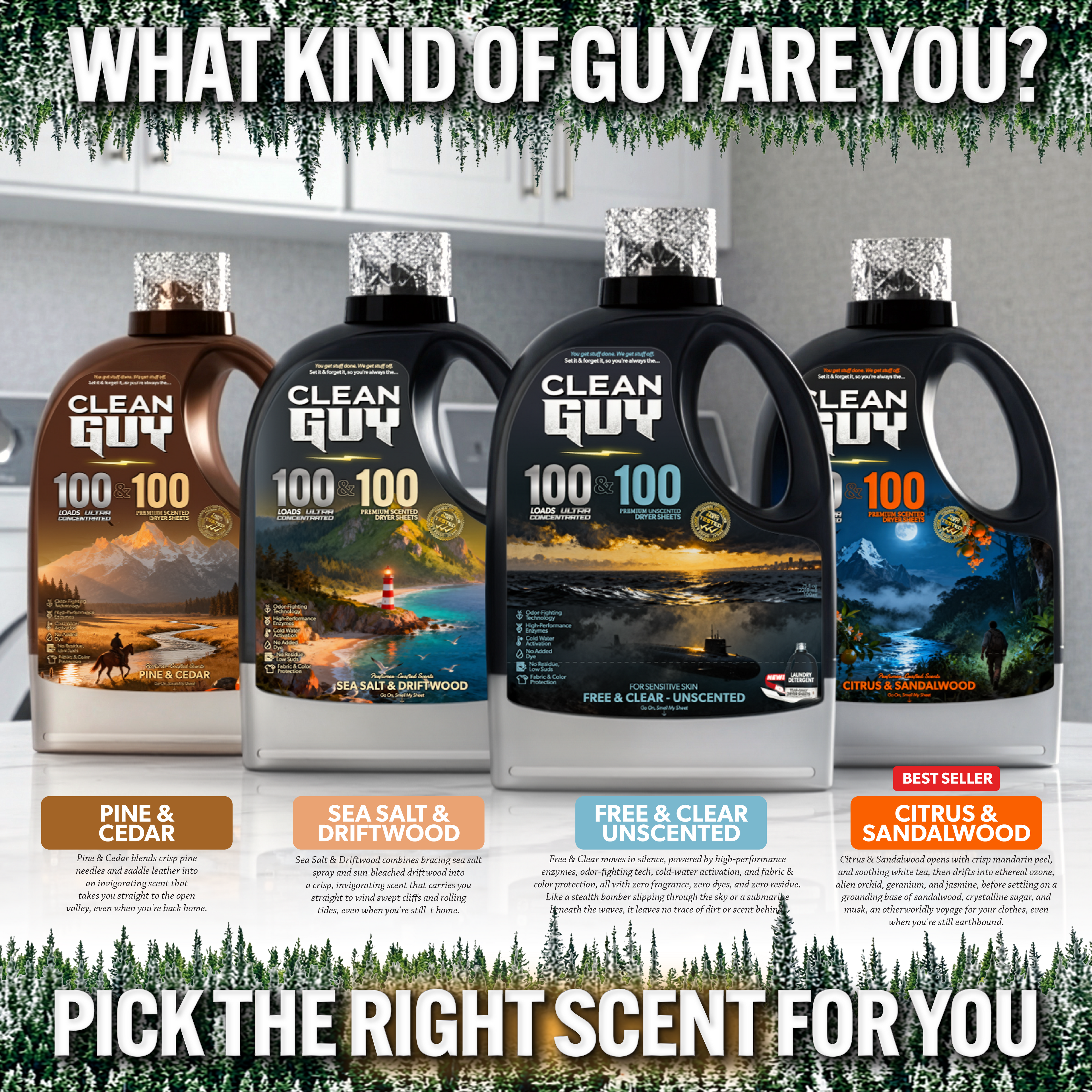 Heavy Duty Premium Laundry Detergent + Built-In Dryer Sheets (100 Loads) - PINE & CEDAR