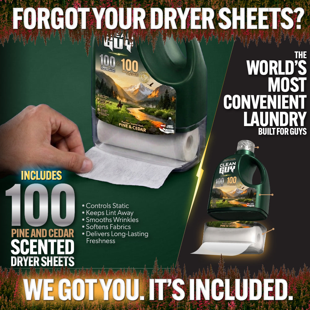 Heavy Duty Premium Laundry Detergent + Built-In Dryer Sheets (100 Loads) - PINE & CEDAR