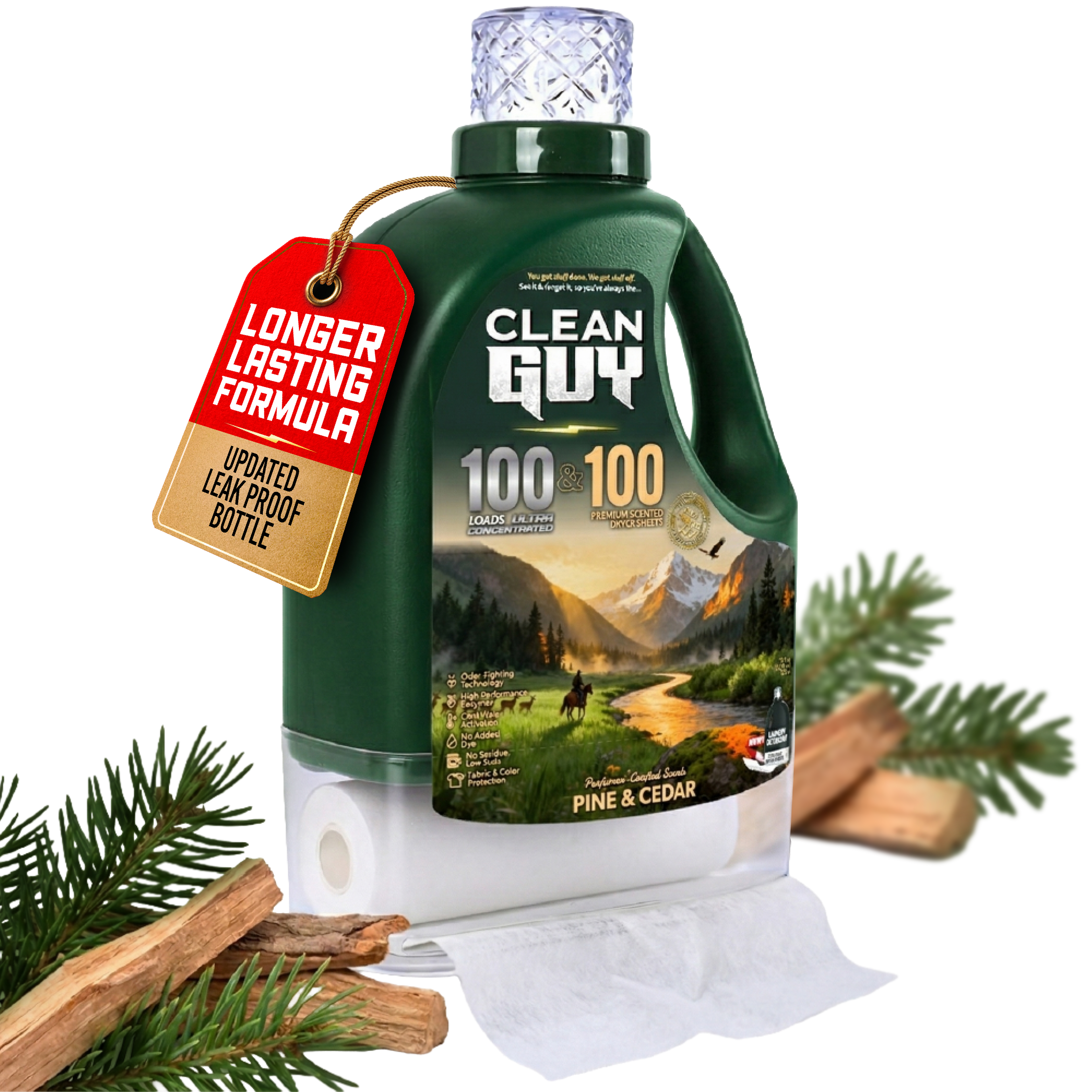 Heavy Duty Premium Laundry Detergent + Built-In Dryer Sheets (100 Loads) - PINE & CEDAR