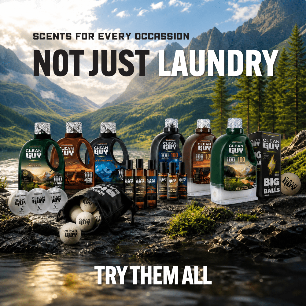Heavy Duty Premium Laundry Detergent + Built-In Dryer Sheets (100 Loads) - LEATHER & TOBACCO - Clean Guy
