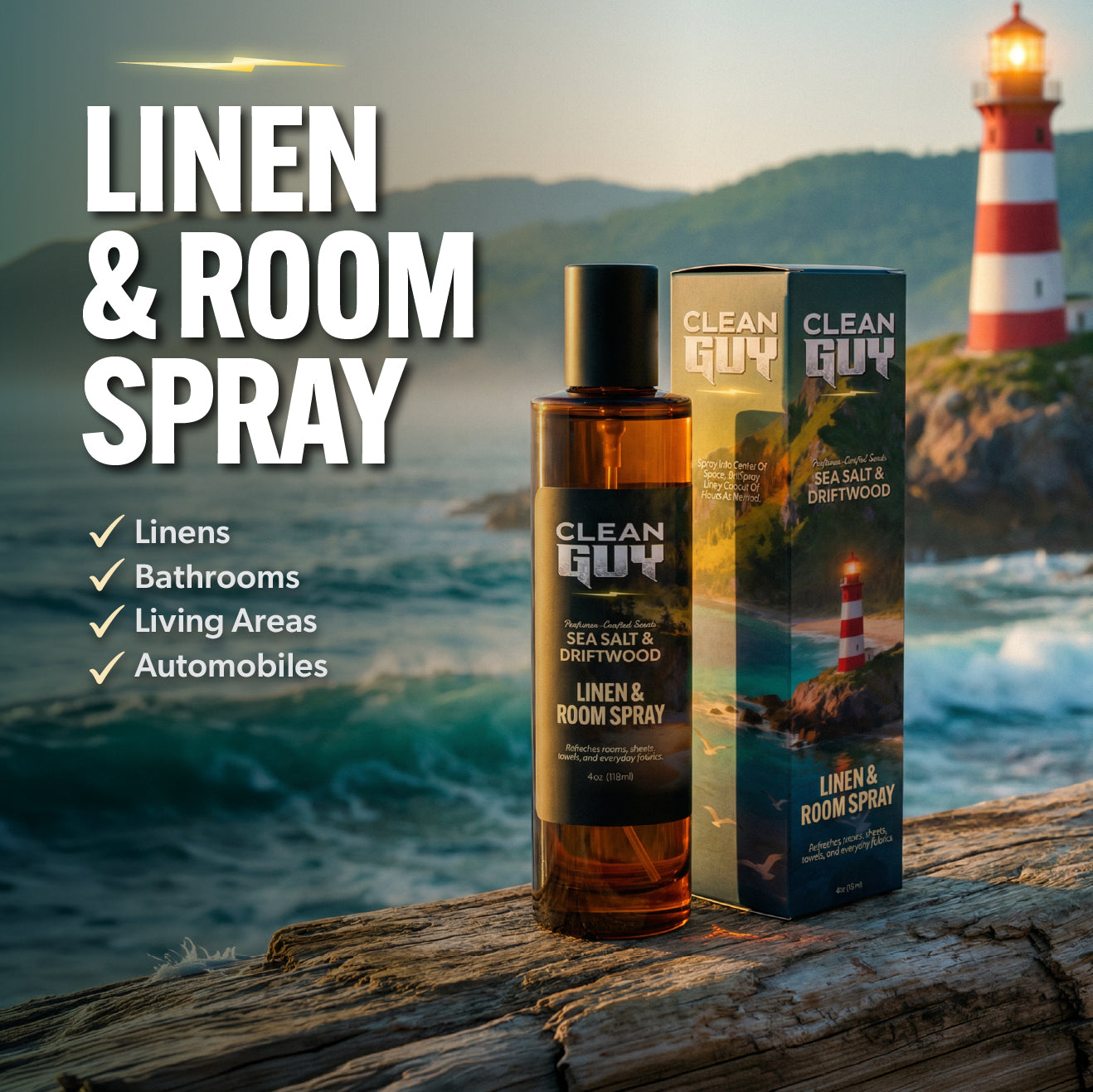 Linen & Room Spray bottle and packaging with scenic background