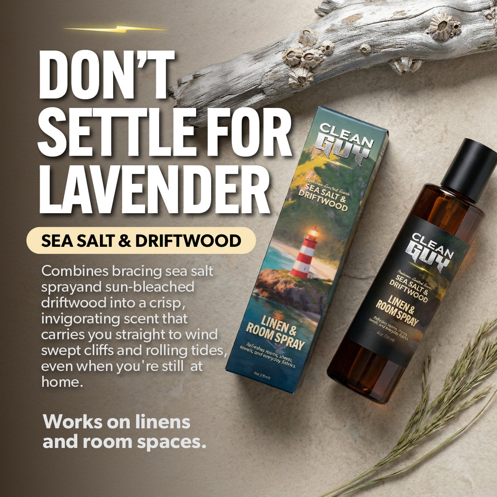 Clean Gun Sea Salt & Driftwood linen and room spray with packaging on a textured surface.