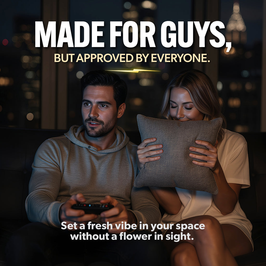 Man and woman sitting on a couch with text overlay 'Made for guys, but approved by everyone.'