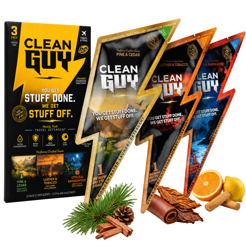 Laundry Detergent Travel Packs, 3 Pack Variety Trial Size, Ultra Concentrated Liquid Detergent Packets, 1 Load Each, Pine & Cedar, Leather & Tobacco, Citrus & Sandalwood - Clean Guy