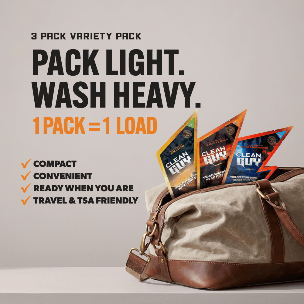 Laundry Detergent Travel Packs, 3 Pack Variety Trial Size, Ultra Concentrated Liquid Detergent Packets, 1 Load Each, Pine & Cedar, Leather & Tobacco, Citrus & Sandalwood - Clean Guy